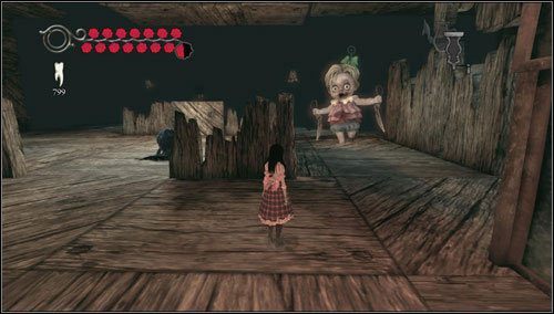 W sporym pokoju czeka nas potyczka z kilkoma rodzajami przeciwników - wśród nich znajdziemy Drifting Ruin, Insidious Ruin, Bitch Baby oraz Dollgirl - Dollgirls Pursuit | Rozdział 5 - Dollhouse | Alice Madness Returns - Alice: Madness Returns - poradnik do gry