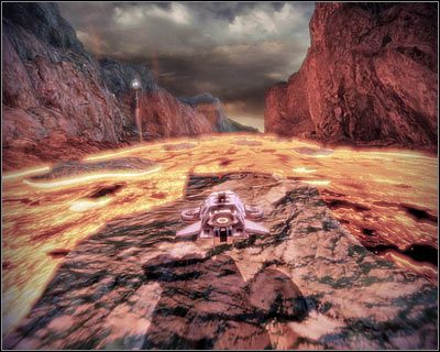 Możesz już lecieć dalej, docierając po kilku chwilach do nowej rzeki lawy - (2) Odnalezienie przełącznika wyłączenia alarmu (1) | Nadzorca- Stacja Wulkan - Mass Effect 2: Overlord - poradnik do gry