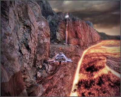 Docelowo musisz dolecieć do lewego brzegu, przy którym znajduje się lampa (powyższy screen) - (2) Odnalezienie przełącznika wyłączenia alarmu (1) | Nadzorca- Stacja Wulkan - Mass Effect 2: Overlord - poradnik do gry