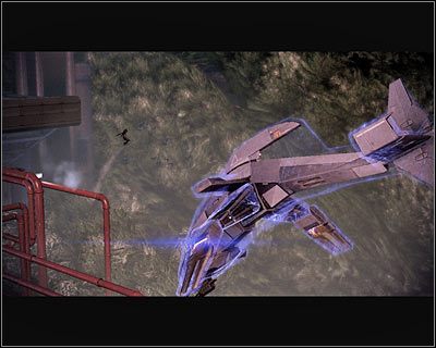 Wyeliminowanie wszystkich wrogów powinno doprowadzić do wyświetlenia cut-scenki, w trakcie której Kasumi w dość efektowny sposób przeskoczy na myśliwiec Hocka i unieszkodliwi jego odnawiające się tarcze - (5) Pokonanie Donovana Hocka | Kasumi- Wykradzione wspomnienia - Mass Effect 2: Kasumis Stolen Memory - poradnik do gry