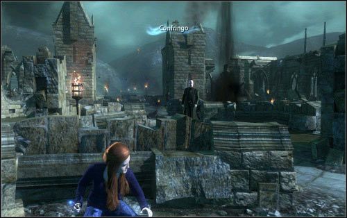 Cała akcja toczy się na dziedzińcu szkoły pośród gruzowiska - [Nie moja córka] Opis przejścia | Harry Potter i Insygnia Śmierci - część 2 - Harry Potter i Insygnia Śmierci - część 2 - poradnik do gry