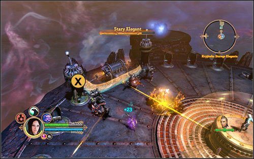 Powinniśmy zacząć od niszczenia bram, przez które wychodzą machiny bojowe (zaznaczone na obrazku) - jeżeli nie pozbędziemy się portali, wrogowie będą się z nich wylewać bez końca - Stary Elegant | Bossowie | Dungeon Siege III - Dungeon Siege III - poradnik do gry