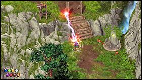 Po walce aktywuj stojący niedaleko Punkt kontrolny [1], a następnie przy pomocy żywiołu Ciemności opuść drewniany most (możesz też skorzystać z Teleportacji) [2] - Rozdział 8 - Kopalnie (1) - Opis przejścia - Magicka - poradnik do gry