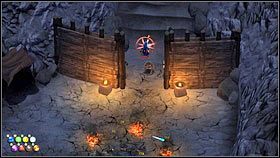 Gdy dotrzesz do zamkniętej bramy [1], jak najszybciej pozbądź się goblinów rzucających bombami, ogłusz pozostałych wrogów, a następnie zniszcz wrota [2] - Rozdział 8 - Kopalnie (2) - Opis przejścia - Magicka - poradnik do gry