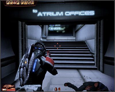 Nie próbuj korzystać z windy zlokalizowanej po lewej stronie, gdyż została ona uszkodzona w wyniku eksplozji - (5) Odnalezienie biura Baria Frontiers - Kryjówka Handlarza Cieni - Mass Effect 2: Lair of the Shadow Broker - poradnik do gry