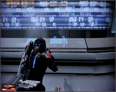 Od razu po dotarciu na górę wejdź w interakcję z zabezpieczonym terminalem - (5) Odnalezienie biura Baria Frontiers - Kryjówka Handlarza Cieni - Mass Effect 2: Lair of the Shadow Broker - poradnik do gry