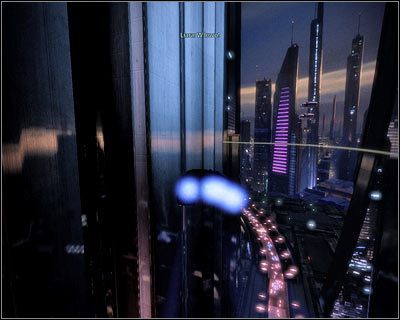 Leć prosto, skręcając w lewo dopiero po minięciu dużego wieżowca - (8) Kontynuowanie pościgu za Vasir z użyciem ścigacza - Kryjówka Handlarza Cieni - Mass Effect 2: Lair of the Shadow Broker - poradnik do gry