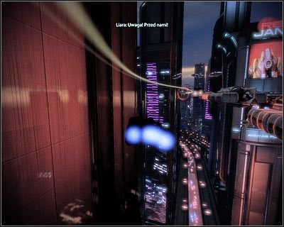 Skręć w prawo i następnie dwukrotnie w lewo, docierając do z lekka zakorkowanego pasa ruchu (powyższy screen) - (8) Kontynuowanie pościgu za Vasir z użyciem ścigacza - Kryjówka Handlarza Cieni - Mass Effect 2: Lair of the Shadow Broker - poradnik do gry