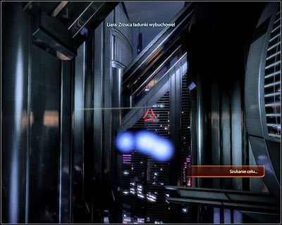 Po kilku chwilach zmuszony zostaniesz do wykonania skrętu w lewo, przy czym Tela zacznie równocześnie wypuszczać miny (powyższy screen) - (8) Kontynuowanie pościgu za Vasir z użyciem ścigacza - Kryjówka Handlarza Cieni - Mass Effect 2: Lair of the Shadow Broker - poradnik do gry