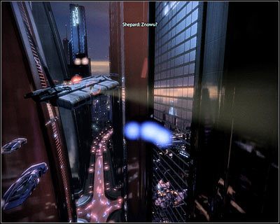 Pozostał Ci już tylko skręt w prawo, który należy wykonać po dłuższym locie, a konkretnie w momencie znalezienia się przy nowym pojeździe transportowym (powyższy screen) - (8) Kontynuowanie pościgu za Vasir z użyciem ścigacza - Kryjówka Handlarza Cieni - Mass Effect 2: Lair of the Shadow Broker - poradnik do gry