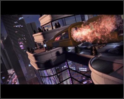 Gra wyświetli teraz dłuższą cut-scenkę, obrazującą rozbicie się Vasir na jednym z poziomów hotelu Azure - (8) Kontynuowanie pościgu za Vasir z użyciem ścigacza - Kryjówka Handlarza Cieni - Mass Effect 2: Lair of the Shadow Broker - poradnik do gry