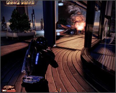 Zgodnie z otrzymanymi wytycznymi podejdź do płonącego ścigacza należącego do Teli Vasir (powyższy screen) - (10) Zbadanie pojazdu Teli Vasir - Kryjówka Handlarza Cieni - Mass Effect 2: Lair of the Shadow Broker - poradnik do gry