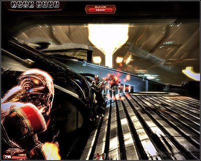 Odszukaj zejście na niższy poziom kadłuba statku i od razu przystąp do atakowania kolejnych przeciwników, rozstawionych po lewej stronie - (13) Odnalezienie wejścia na pokład statku Handlarza Cieni - Kryjówka Handlarza Cieni - Mass Effect 2: Lair of the Shadow Broker - poradnik do gry