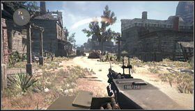 Przechodzimy przez dwa rozwalone budynki [1] i ruszamy przed siebie szeroką i długą drogą, na której pojawią się wrogowie - Ukryta okazja - Rozdział 9 - Call of Juarez: The Cartel - Ben McCall - poradnik do gry