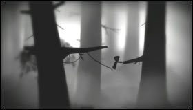 Łapiemy za skrzynię i przeciągamy ją w lewo, aż pod zwisającą lianę, na którą wyskakujemy[1] - Rozdział 3 | Opis przejścia Limbo - Limbo - poradnik do gry