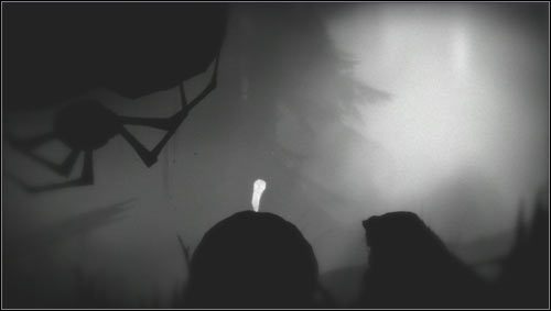 Wkrótce zacznie nas ścigać olbrzymi pająk, aby uniknąć pożarcia należy zeskoczyć z głazu na drugi brzeg [1] tunelu najwcześniej jak to tylko możliwe (jeżeli poczekamy, aż głaz się zatrzyma to zginiemy) - Rozdział 6 | Opis przejścia Limbo - Limbo - poradnik do gry