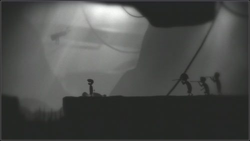 Staniemy przed dołem z kolcami, po przeskoczeniu na jego drugą stronę zobaczymy trzy postacie strzelające do nas z dmuchawek [1] - Rozdział 13 | Opis przejścia Limbo - Limbo - poradnik do gry