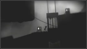 Znajdziemy się koło budki oznaczonej strzałkami [1] i opuszczamy przy jej pomocy windę - Rozdział 33 | Opis przejścia Limbo - Limbo - poradnik do gry