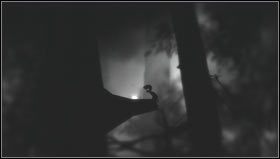 Po strąceniu nadgryzionej kłody, po której dostaniemy się na drugą stronę jeziorka, odwracamy się w lewo i skaczemy na ukrytą wśród liści drzew linę [1] - Osiągnięcia - achievements | Bonusy Limbo - Limbo - poradnik do gry