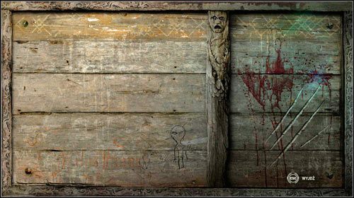 Tablica ogłoszeń - począwszy od pierwszego aktu, tak i w kolejnych, na tablicy widnieje wyryty ostrzem kosmita - Easter eggs w Wiedźmin 2 Zabójcy Królów | Inne - Wiedźmin 2: Zabójcy Królów - poradnik do gry