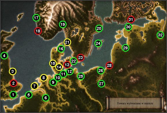 Wyjaśnienie: miasta zaznaczone na mapie z zieloną otoczką to 20 dostępnych od początku gry miast - Mapa miast | Miasta, ich budowa i ulepszanie w Patrician IV - Patrician IV - poradnik do gry