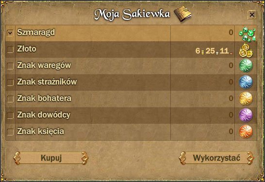 Po kliknięciu w pasek skrótu do sakiewki, będziesz mógł sprawdzić stan swojej majętności - Omówienie podstawowych elementów | Podstawowe informacje | Fragoria - Fragoria - pierwsze kroki - poradnik do gry
