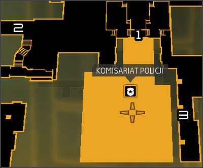 Oznaczenia na mapie: 1 - Główne wejście na posterunek; 2 - Zejście do kanałów; 3 - Zewnętrzne klatki schodowe - (2) Przedostanie się do wnętrza posterunku | Deus Ex Bunt Ludzkości - Deus Ex: Bunt Ludzkości - Directors Cut - poradnik do gry