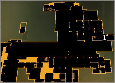 Oznaczenia na mapie: 1 - Drzwi prowadzące do anteny - (1) Wariant pokojowy - Dotarcie w okolice anteny | Deus Ex Bunt Ludzkości - Deus Ex: Bunt Ludzkości - Directors Cut - poradnik do gry