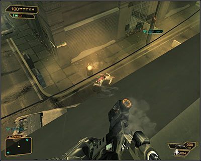 Ustaw się przy krawędzi i przystąp do ostrzeliwania widocznych na dole wrogów - (1) Wariant agresywny - Dotarcie w okolice anteny | Deus Ex Bunt Ludzkości - Deus Ex: Bunt Ludzkości - Directors Cut - poradnik do gry
