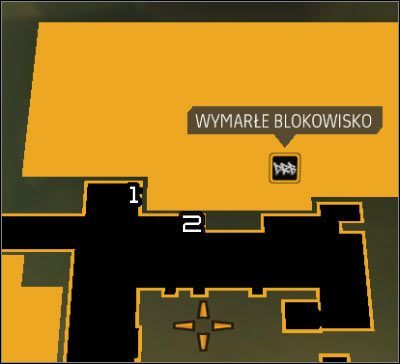 Oznaczenia na mapie: 1 - Główne wejście do siedziby gangu; 2 - Zejście do kanałów - (1) Wariant agresywny - Dotarcie w okolice anteny | Deus Ex Bunt Ludzkości - Deus Ex: Bunt Ludzkości - Directors Cut - poradnik do gry