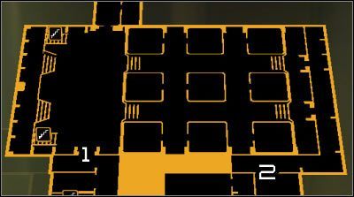 Oznaczenia na mapie: 1 - Zachodnie przejście; 2 - Wschodnie przejście - (5) Dotarcie do drugiej windy | Deus Ex Bunt Ludzkości - Deus Ex: Bunt Ludzkości - Directors Cut - poradnik do gry