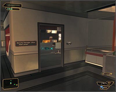 Biuro Jensena znajduje się na trzecim poziomie kwatery Sarif Industries i poznasz je po tym, że nie jest zlokalizowane na obrzeżach, a bliżej środkowej części budynku (powyższy screen) - Pomówmy, panie Jensen | Deus Ex Bunt Ludzkości - Deus Ex: Bunt Ludzkości - Directors Cut - poradnik do gry
