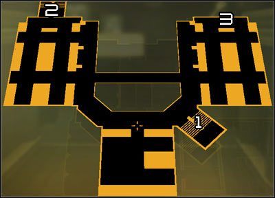 Oznaczenia na mapie: 1 - Główna klatka schodowa; 2 - Schody pożarowe; 3 - Szyb wentylacyjny na trzecim poziomie - (10) Wariant pokojowy - Wydostanie się z głównego obszaru hotelu - Deus Ex: Bunt Ludzkości - Directors Cut - poradnik do gry