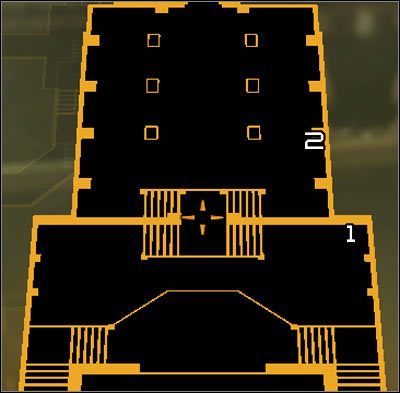 Oznaczenia na mapie: 1 - Wejście do szybu wentylacyjnego; 2 - Wyjście z szybu wentylacyjnego - (4) Wariant pokojowy - Wydostanie się z apartamentu | Deus Ex Bunt Ludzkości - Deus Ex: Bunt Ludzkości - Directors Cut - poradnik do gry