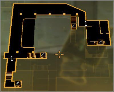 Oznaczenia na mapie: 1 - Przejścia na balkoniki - (3) Wariant pokojowy - Dotarcie do klatki schodowej na tyłach studia - Deus Ex: Bunt Ludzkości - Directors Cut - poradnik do gry
