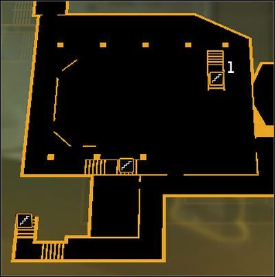 Oznaczenia na mapie: 1 - Terminal sterowania wieżyczką - (3) Wariant pokojowy - Dotarcie do klatki schodowej na tyłach studia - Deus Ex: Bunt Ludzkości - Directors Cut - poradnik do gry