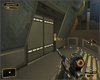 Do przycisku przywołującego kolejkę linową (powyższy screen) w najszybszy sposób można dotrzeć z pomocą kamuflażu (ulepszenie System maskujący) - (4) Wariant pokojowy - Dotarcie do kolejki linowej | Deus Ex Bunt Ludzkości - Deus Ex: Bunt Ludzkości - Directors Cut - poradnik do gry