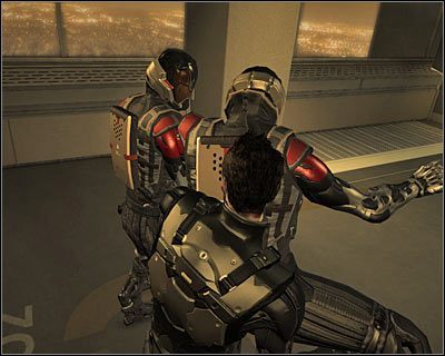 Tuż po zejściu na najniższy poziom rozpraw się z dwoma stojącymi w pobliżu wartownikami - (4) Wariant agresywny - Dotarcie do kolejki linowej | Deus Ex Bunt Ludzkości - Deus Ex: Bunt Ludzkości - Directors Cut - poradnik do gry