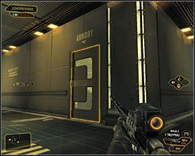 Wyjdź z pomieszczenia i ostrożnie przejdź teraz POD aktywną kamera ochrony #1 - (7) Wariant pokojowy - Dotarcie do klatki schodowej | Deus Ex Bunt Ludzkości - Deus Ex: Bunt Ludzkości - Directors Cut - poradnik do gry