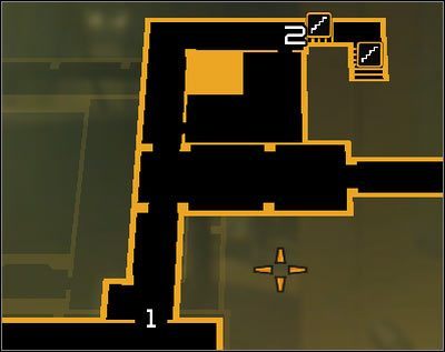 Oznaczenia na mapie: 1 - Wejście do południowego pomieszczenia; 2 - Schody prowadzące na wyższy poziom - (7) Wariant agresywny - Dotarcie do klatki schodowej | Deus Ex Bunt Ludzkości - Deus Ex: Bunt Ludzkości - Directors Cut - poradnik do gry