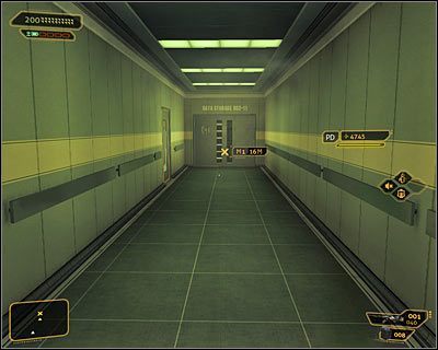 Wszystkie opisane powyżej ścieżki prowadzą w to samo miejsce, a mianowicie do korytarza biegnącego na zachód (powyższy screen), czyli w stronę pomieszczenia Data Storage 802-11 - (9) Wariant pokojowy - Dotarcie do pokoju 802-11 | Deus Ex Bunt Ludzkości - Deus Ex: Bunt Ludzkości - Directors Cut - poradnik do gry