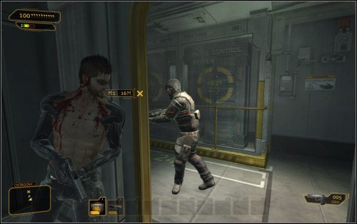 Zaatakować z broni możesz za to drugi z patrolów (2 na mapie), choć tutaj również sugeruje najpierw jednego z nich zaszlachtować - będzie łatwiej - (1) Wariant agresywny - Ucieknij i znajdź swój sprzęt | Deus Ex Bunt Ludzkości - Deus Ex: Bunt Ludzkości - Directors Cut - poradnik do gry