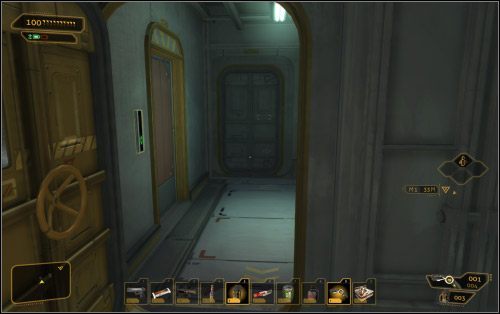 Po drabinie zejdziesz na poziom drugi, a konkretnie na korytarz, który zaprowadzi Cię do windy (6 na mapie) - (3) Wariant pokojowy - Znajdź port wypadowy | Deus Ex Bunt Ludzkości - Deus Ex: Bunt Ludzkości - Directors Cut - poradnik do gry