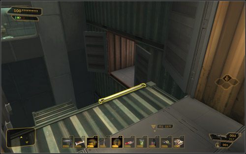 Z kontenera możesz przebić się do sąsiedniego, a następnie splądrować wyżej położony (11 na mapie) z gratisowym zestawem Praxis (o ile potrafisz dobrze skakać) albo zejść na sam dół do pomieszczenia z komorami kriogenicznymi - (3) Wariant pokojowy - Znajdź port wypadowy | Deus Ex Bunt Ludzkości - Deus Ex: Bunt Ludzkości - Directors Cut - poradnik do gry