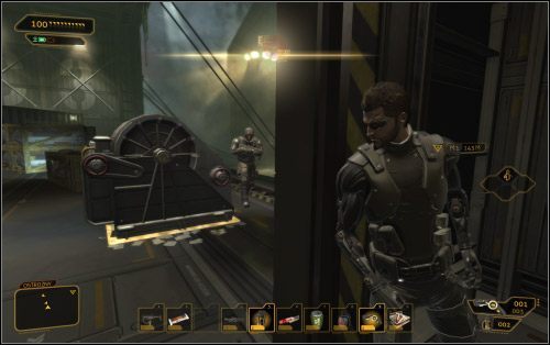 Zauważ, że status strażników ustawiony jest na ostrożny, a to oznacza, że po przesunięciu wajchy, będą oni bardzo uważnie podchodzić do swoich obowiązków - (4) Wariant pokojowy - Znajdź miejsce spotkania | Deus Ex Bunt Ludzkości - Deus Ex: Bunt Ludzkości - Directors Cut - poradnik do gry