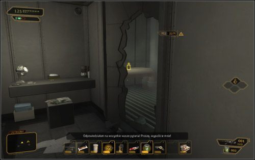 Aby dostać się na drugie piętro hali więziennej możesz tradycyjnie skorzystać ze schodów lub przejść przez dziurę w celi, o której była mowa w opisie poprzedniego etapu (w tym drugim przypadku wyjdziesz w punkcie 1 na mapie) - (2) Wariant pokojowy - Zbadaj skrzydło przesłuchań | Deus Ex Bunt Ludzkości - Deus Ex: Bunt Ludzkości - Directors Cut - poradnik do gry