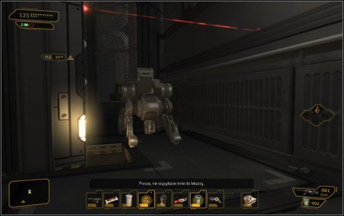 Tak czy inaczej problemem okażą się patrolujące teren roboty bojowe oraz lasery (2 na mapie) - (2) Wariant pokojowy - Zbadaj skrzydło przesłuchań | Deus Ex Bunt Ludzkości - Deus Ex: Bunt Ludzkości - Directors Cut - poradnik do gry
