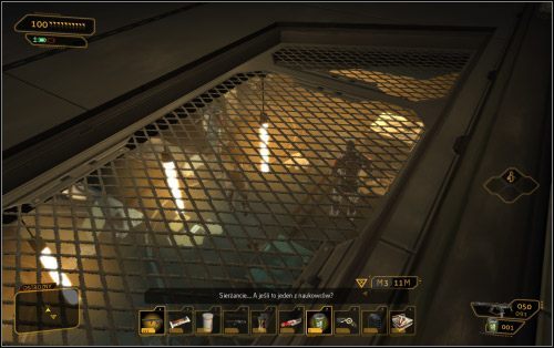 Wspinając się do góry ostatecznie znajdziesz się w kanale wentylacyjnym, którym przejdziesz w pobliże trzech strażników stojących przed windą - Wybory - Wariant pokojowy | Deus Ex Bunt Ludzkości - Deus Ex: Bunt Ludzkości - Directors Cut - poradnik do gry