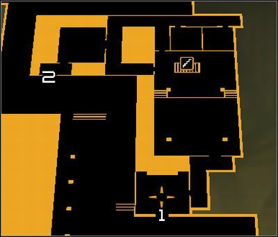 Oznaczenia na mapie: 1 - Główne wejście do budynku Micro-Gen Lab; 2 - Nadająca się do zniszczenia ściana - (4) Wariant pokojowy - Odnalezienie Nii Colvin | Deus Ex Bunt Ludzkości - Deus Ex: Bunt Ludzkości - Directors Cut - poradnik do gry