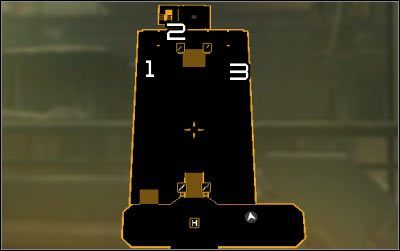 Oznaczenia na mapie: 1 - Kontenery; 2 - Górne wejście do stacji; 3 - Dolne wejście do stacji - (1) Przedostanie się do wnętrza stacji | Deus Ex Bunt Ludzkości - Deus Ex: Bunt Ludzkości - Directors Cut - poradnik do gry